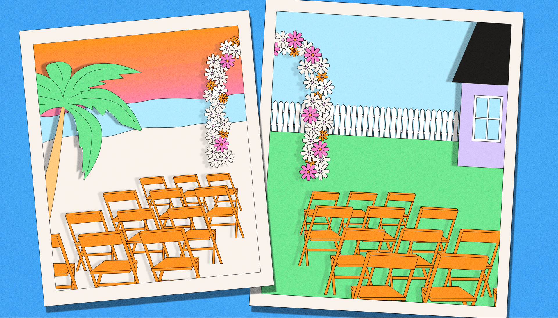 Illustration of wedding ceremonies on a beach and in a backyard
