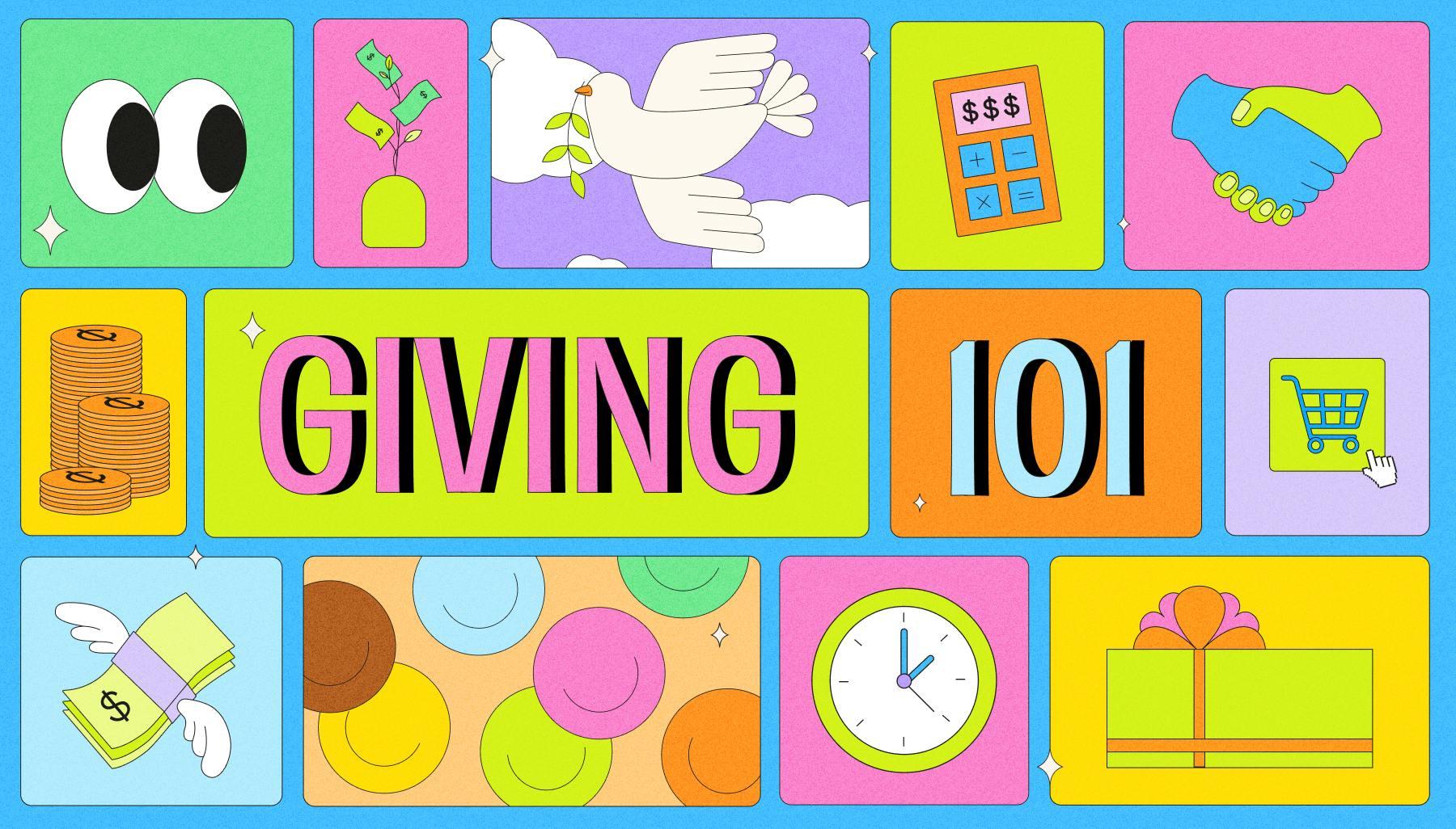 Illustration featuring coins, calculator, money, gift, and clock with text saying Giving 101