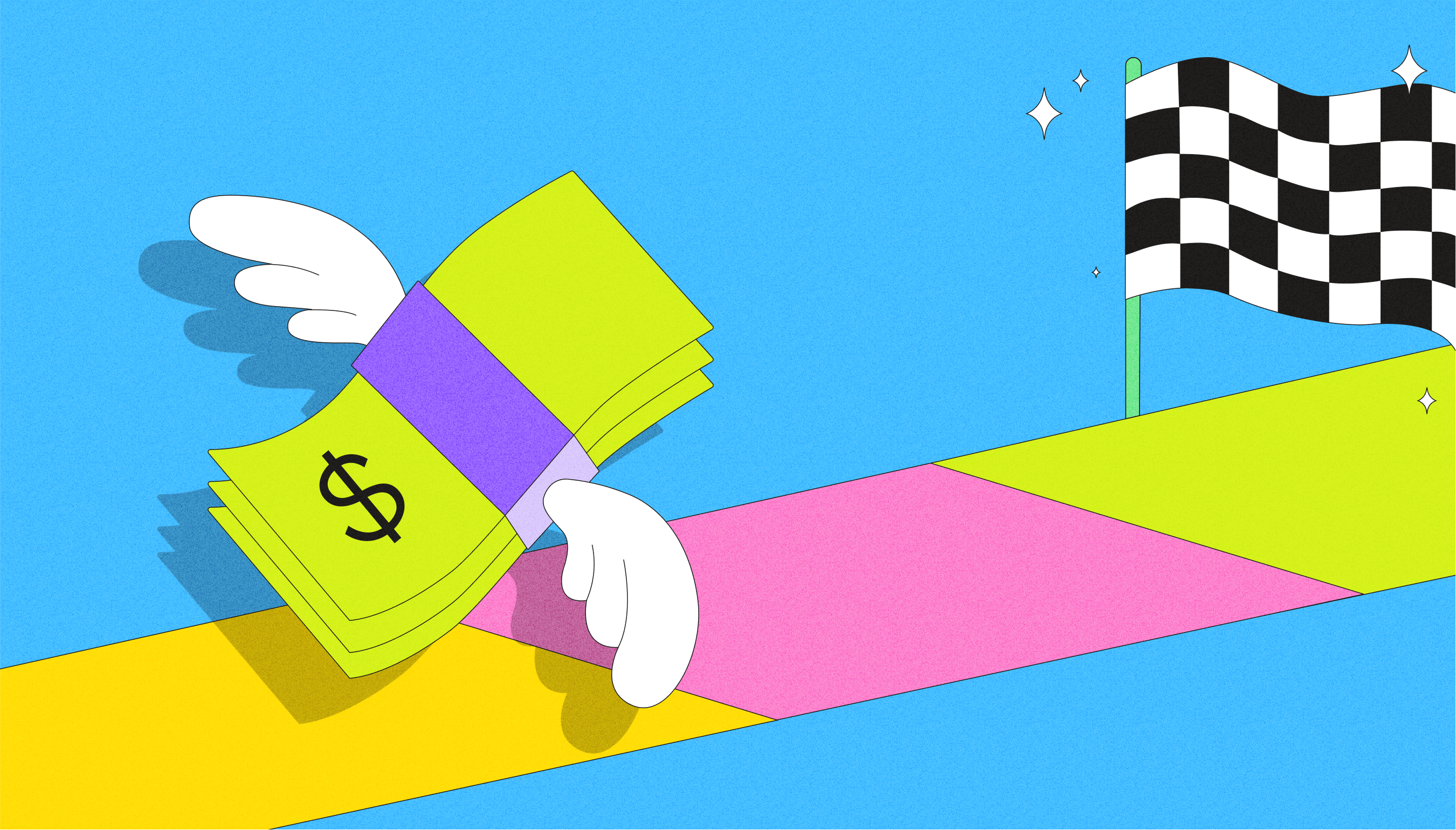 Illustration of a winged stack of money racing down a track toward a checkered finish flag, representing breaking free from overspending habits"