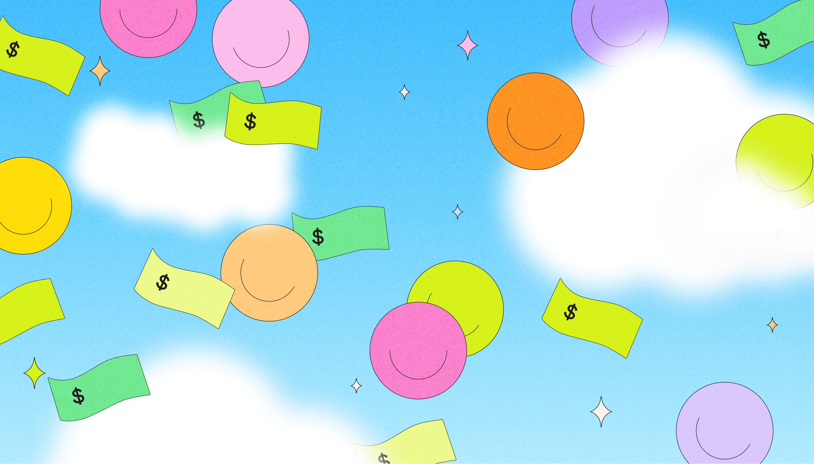 Illustration of colorful smiley faces and dollar bills floating in a blue sky with clouds, representing a healthy money mindset"
