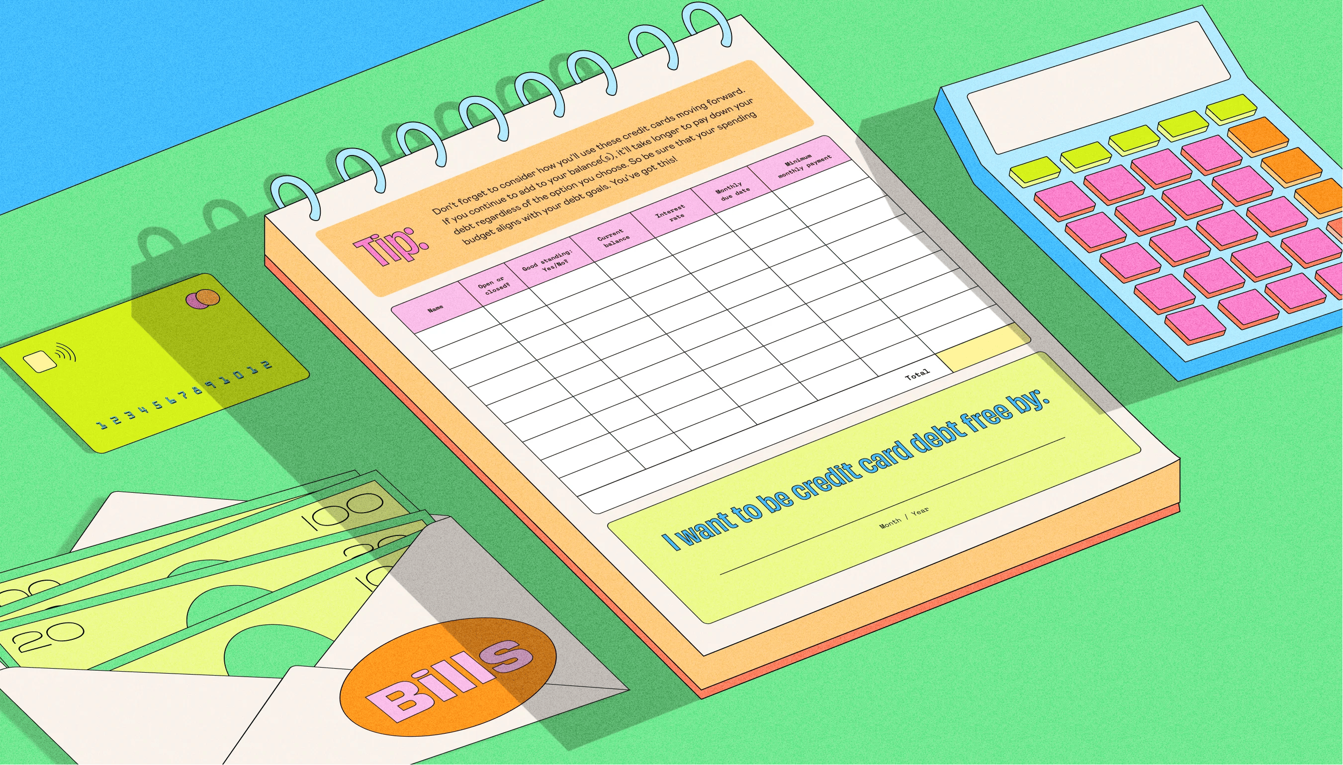 Illustration of a debt payoff planner with a credit card tracking table, a calculator, a credit card, cash and a bills envelope, representing building a budget to pay off credit card debt