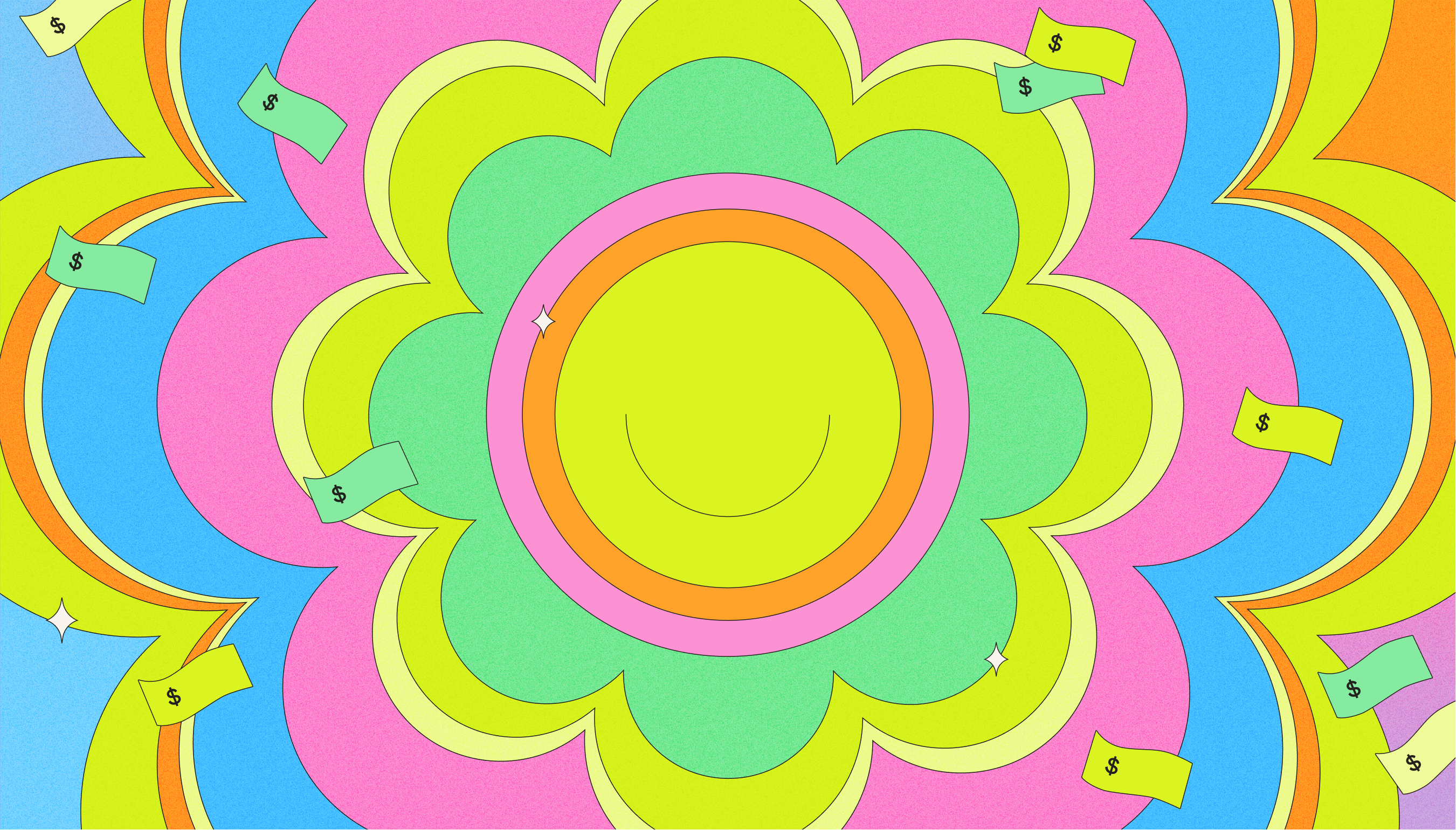Illustration of a smiley face at the center of a colorful flower pattern with dollar bills and sparkles scattered around it
